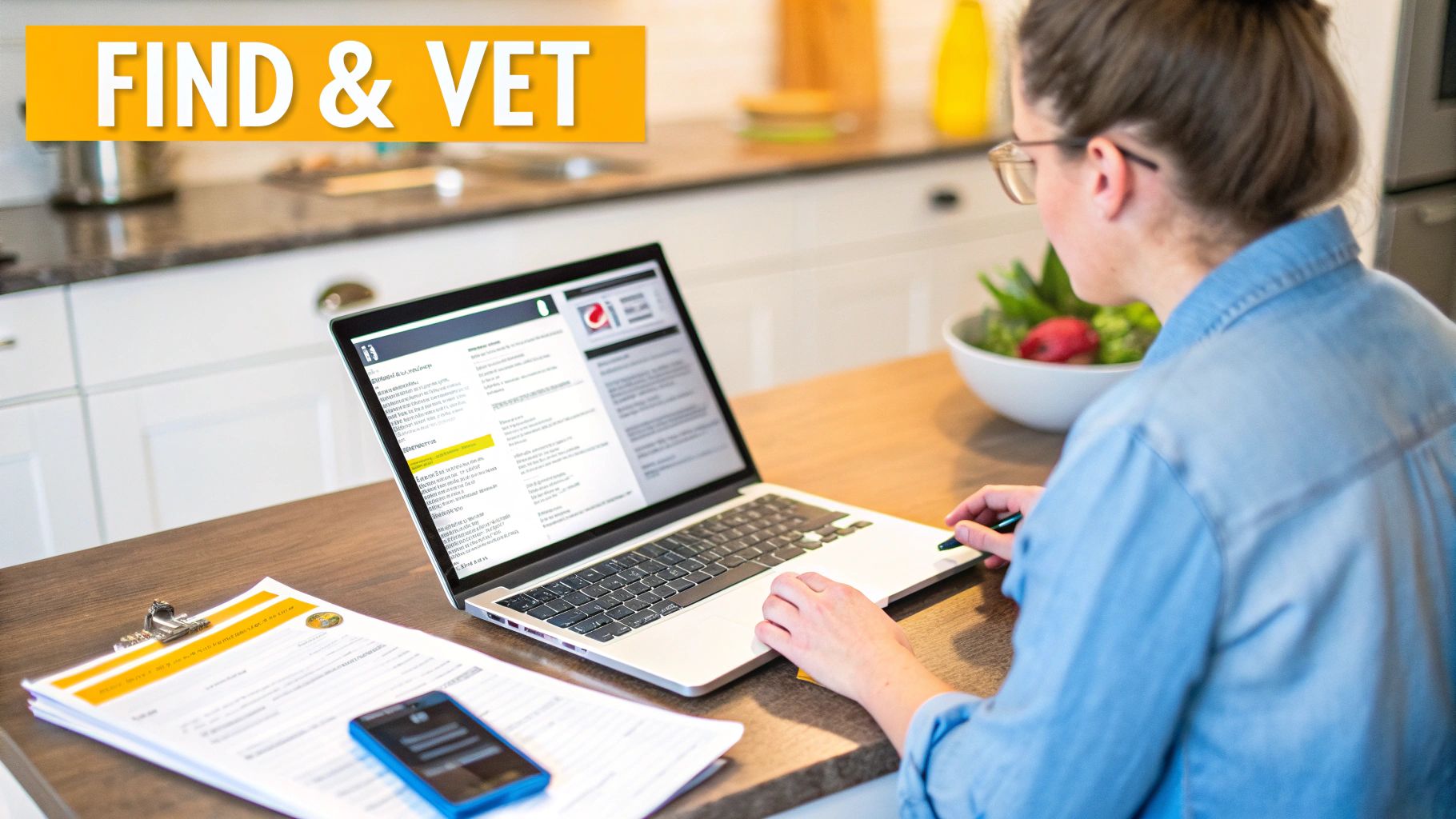 A person with glasses sits at a desk, looking at a laptop with documents and a phone.