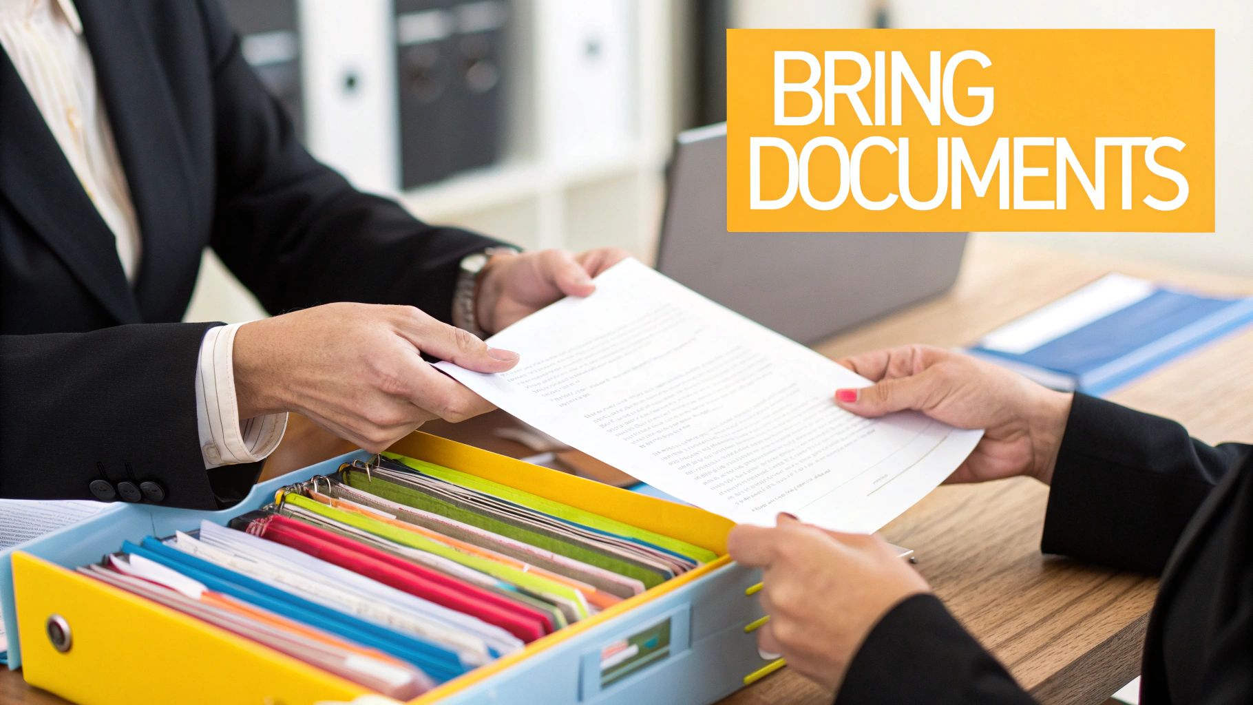 Professional handing documents to client with colorful file folders on desk