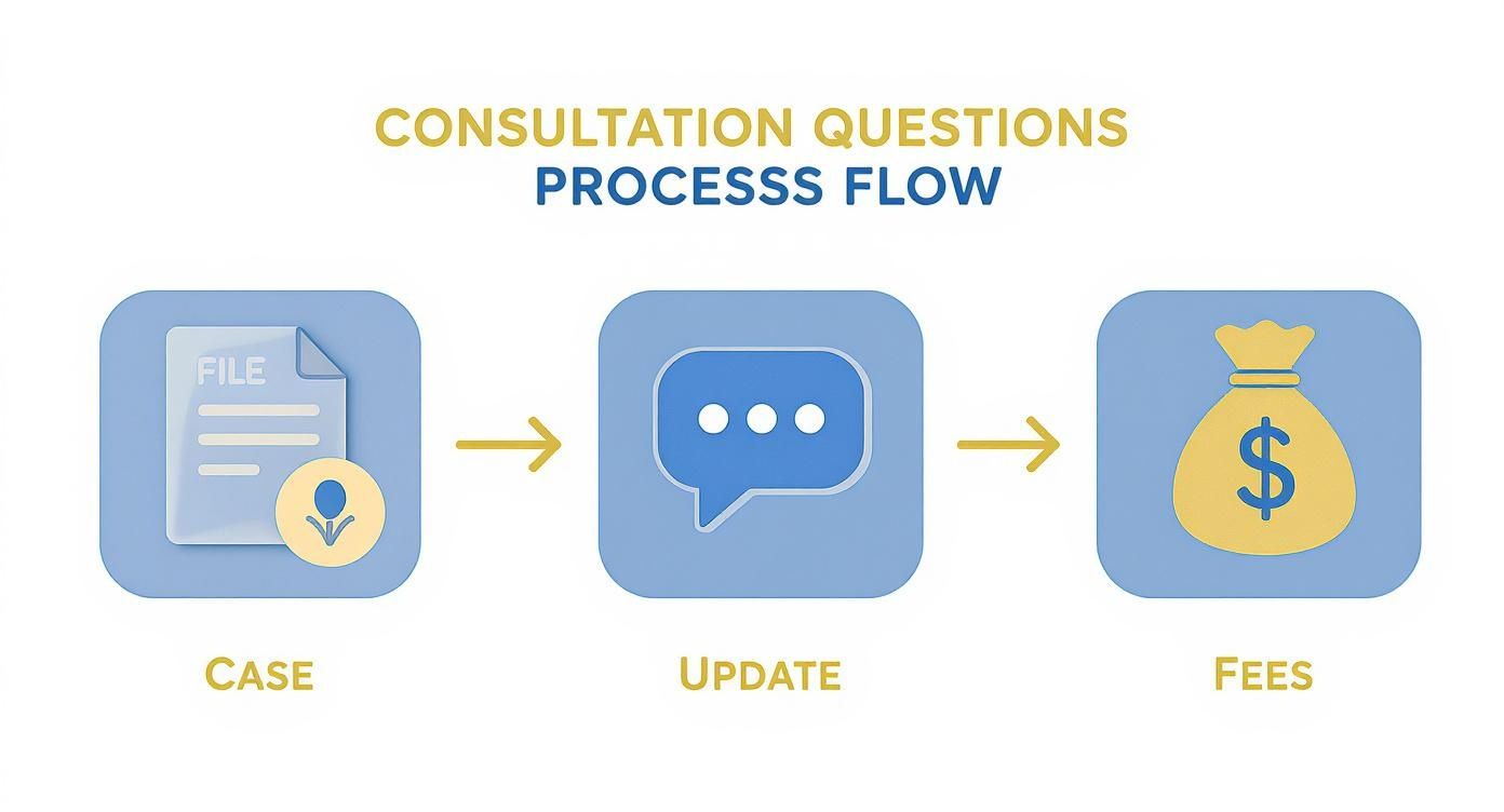 Infographic showing process flow for a lawyer consultation, with icons for Case, Updates, and Fees.