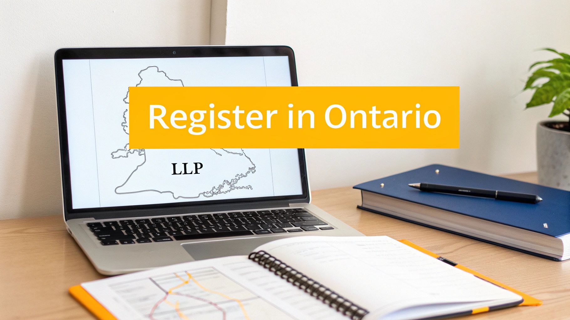 A laptop displaying an Ontario map and 'Register in Ontario' text, with books and a pen on a desk.