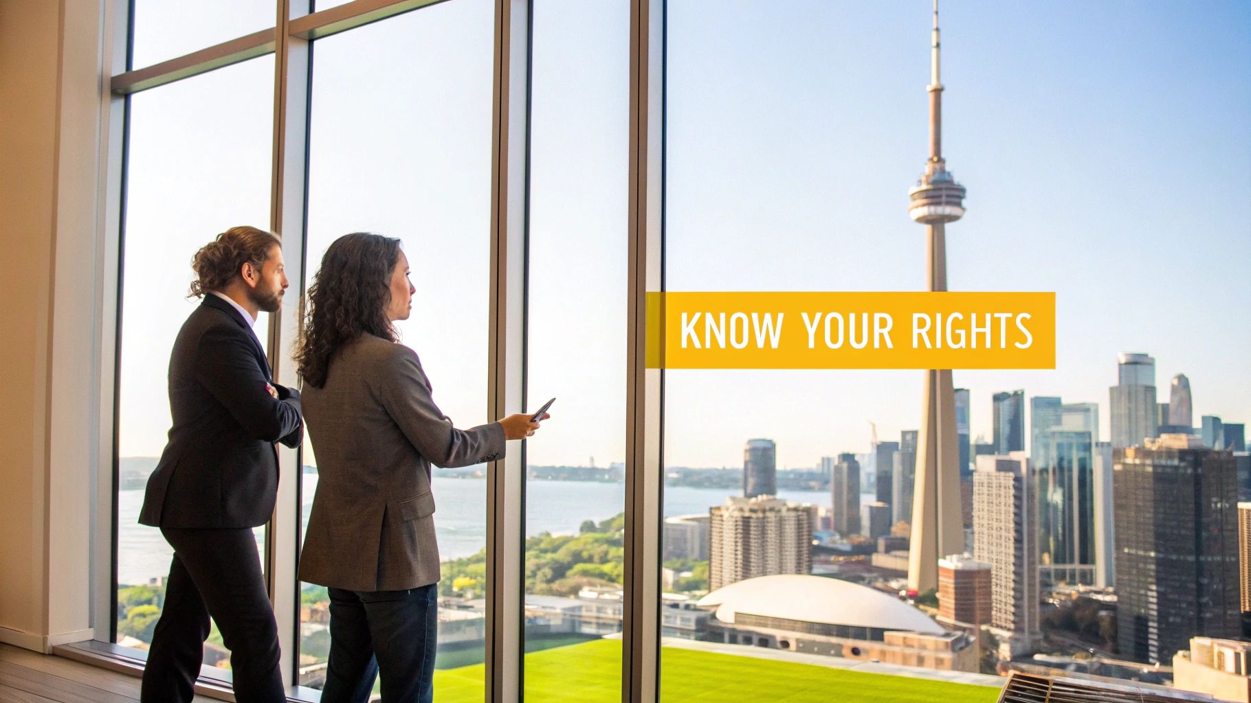 A group of legal professionals in a modern Toronto office discussing a case.