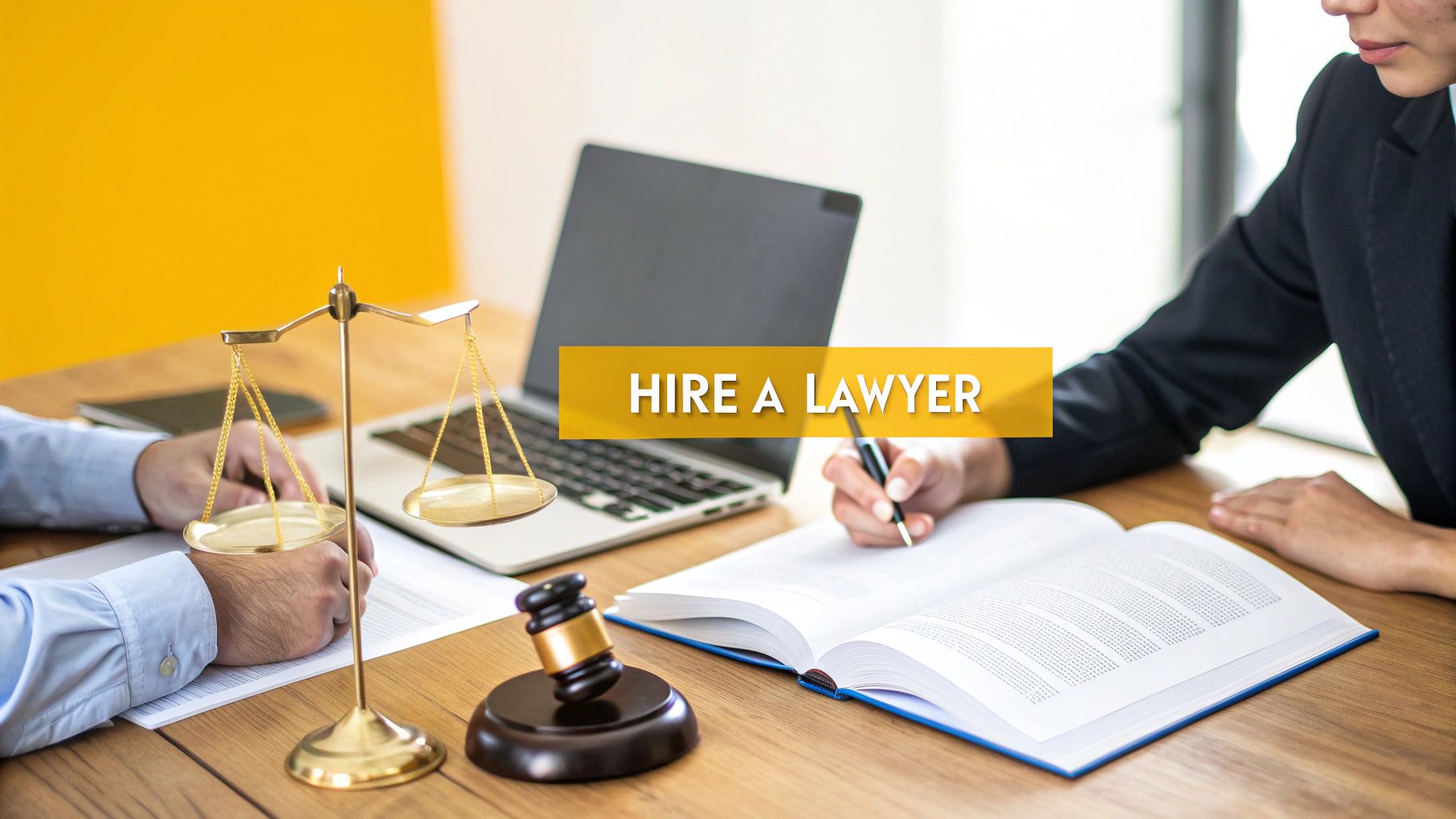 Two people at a wooden desk, one writing, with a laptop, scale of justice, and a gavel. Text: HIRE A LAWYER.
