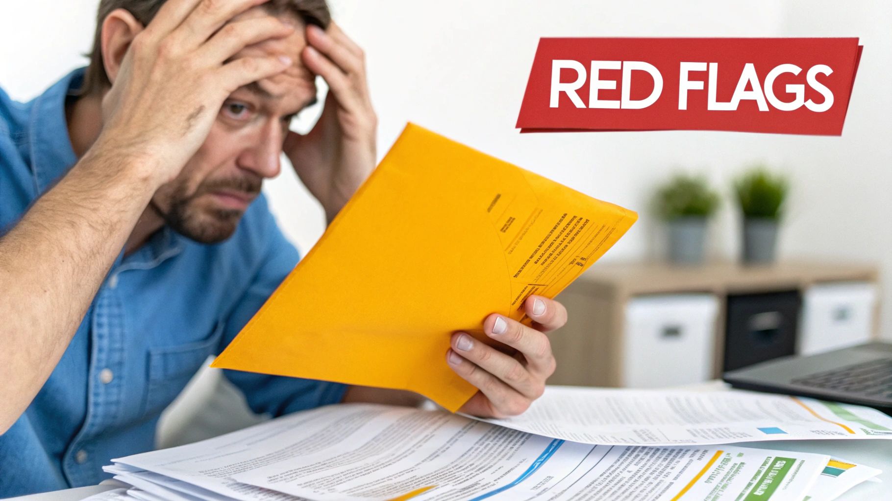 A person reviewing a document with a magnifying glass, looking for red flags.