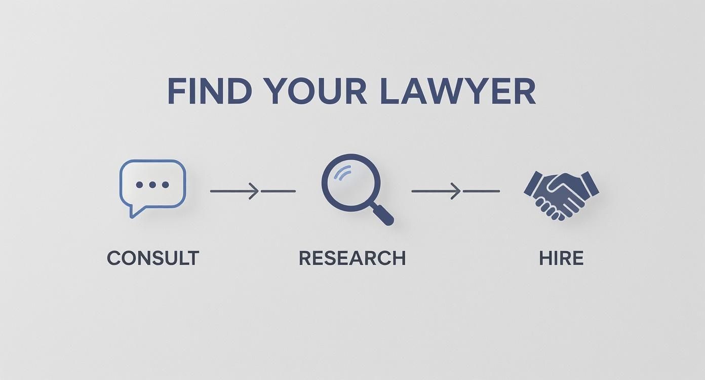 An infographic timeline showing the steps to find a lawyer Consult, Research, and Hire.