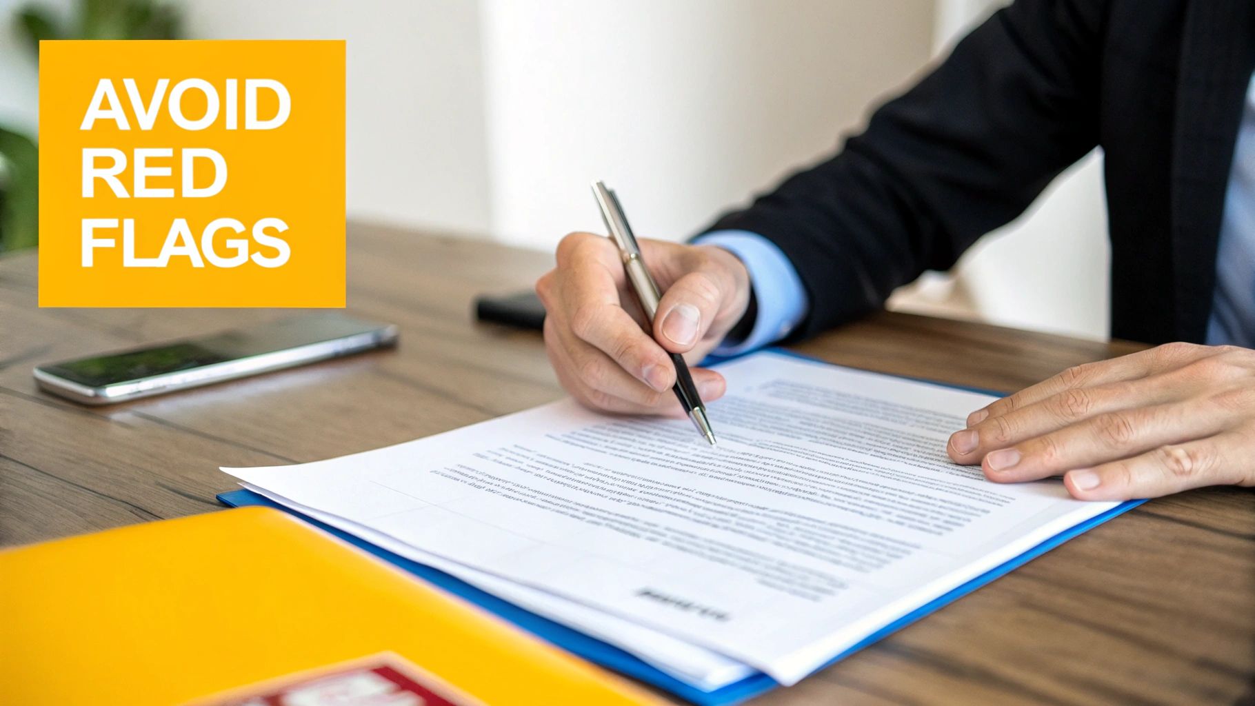 A person in a business suit is signing a legal document on a wooden desk, with text 'AVOID RED FLAGS'.
