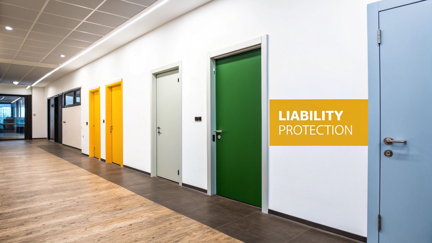 Bright office hallway featuring various colored doors and a prominent 'LIABILITY PROTECTION' sign.