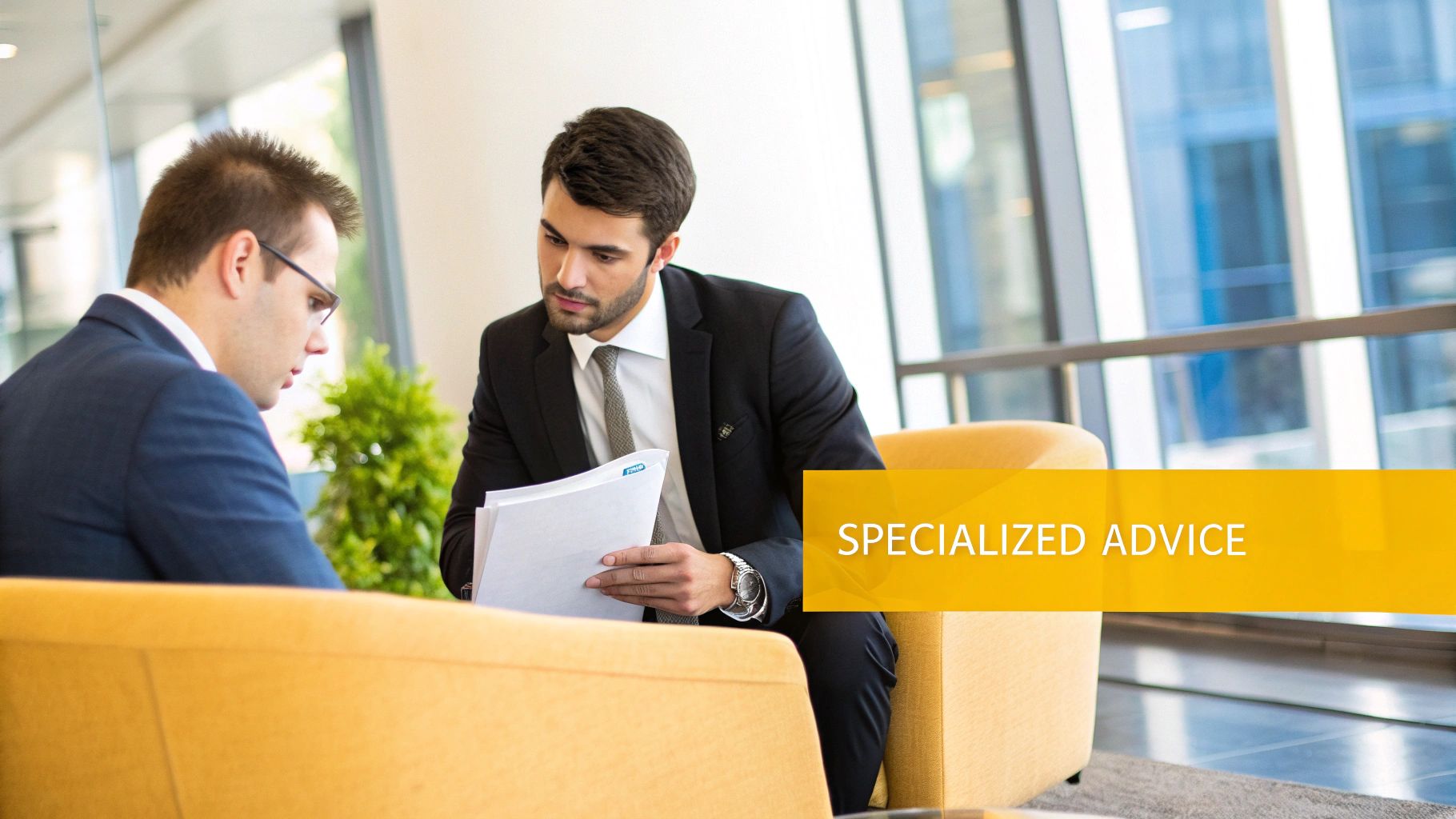A wills lawyer in Toronto discussing a document with a client.