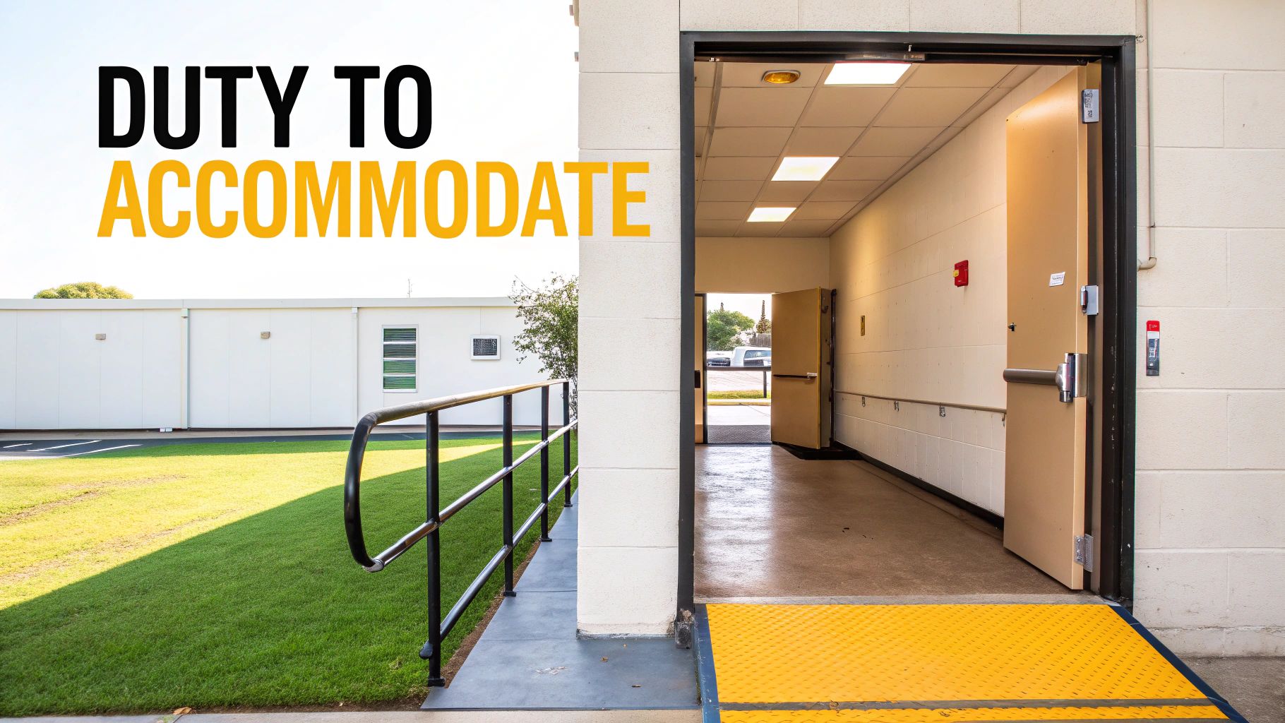 Accessible building entrance with a yellow tactile ramp and handrail. Text: Duty to Accommodate.