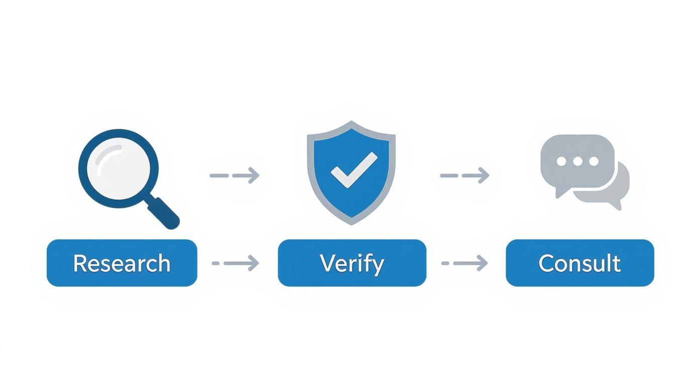 Infographic showing the process of finding a lawyer: Research, Verify, Consult.
