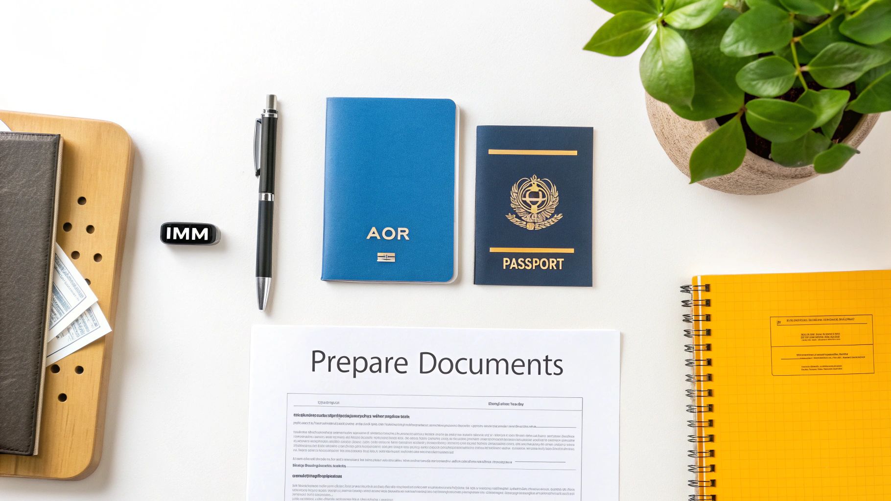 A person filling out immigration forms on a wooden desk.