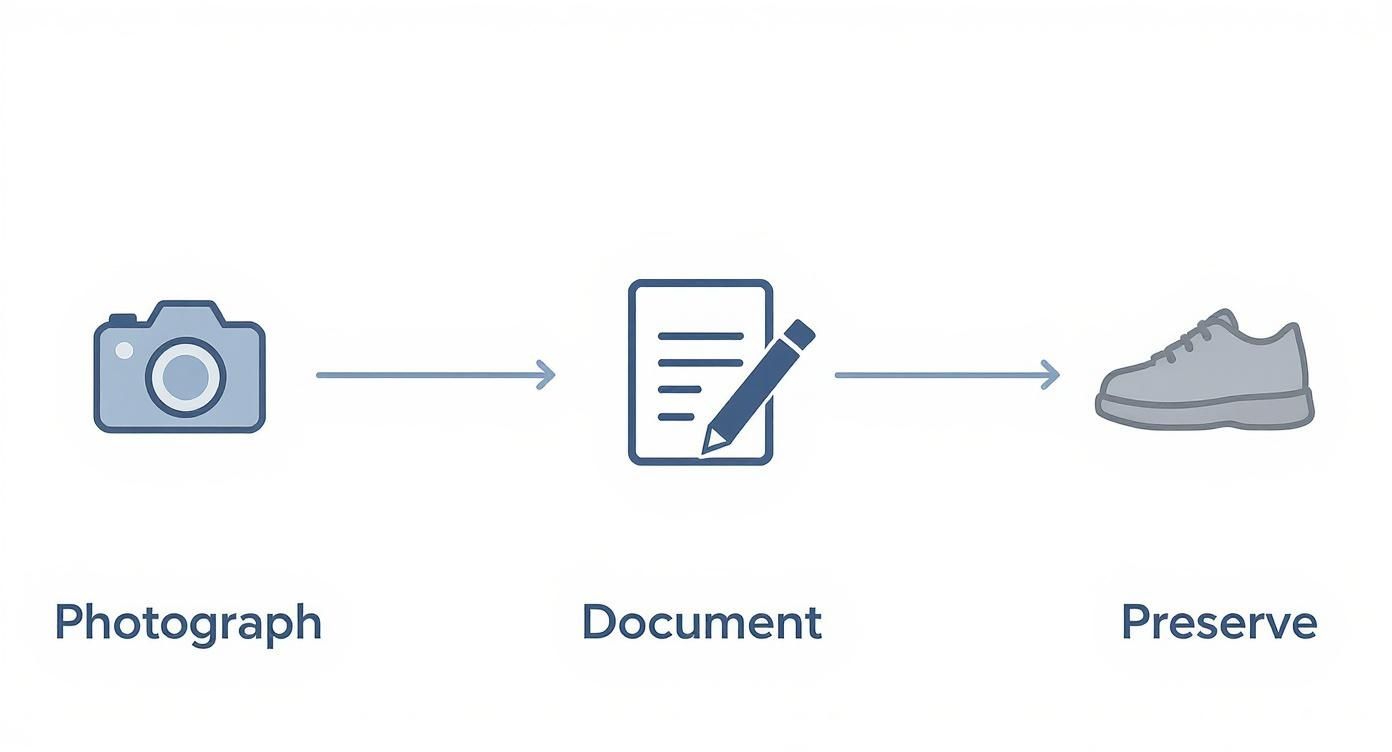 A diagram illustrating a three-step process: photograph, document, and preserve, with corresponding icons.