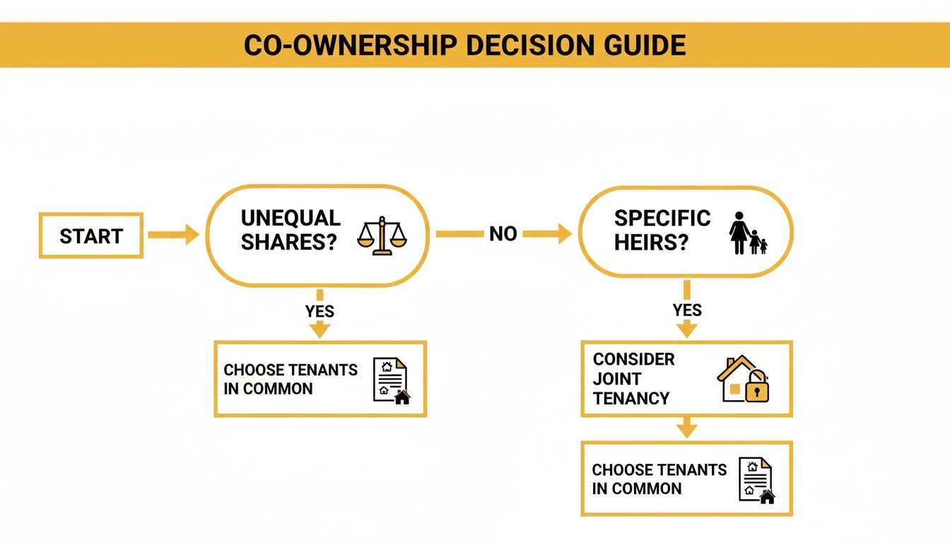 A co-ownership decision guide flowchart about choosing between tenants in common and joint tenancy.
