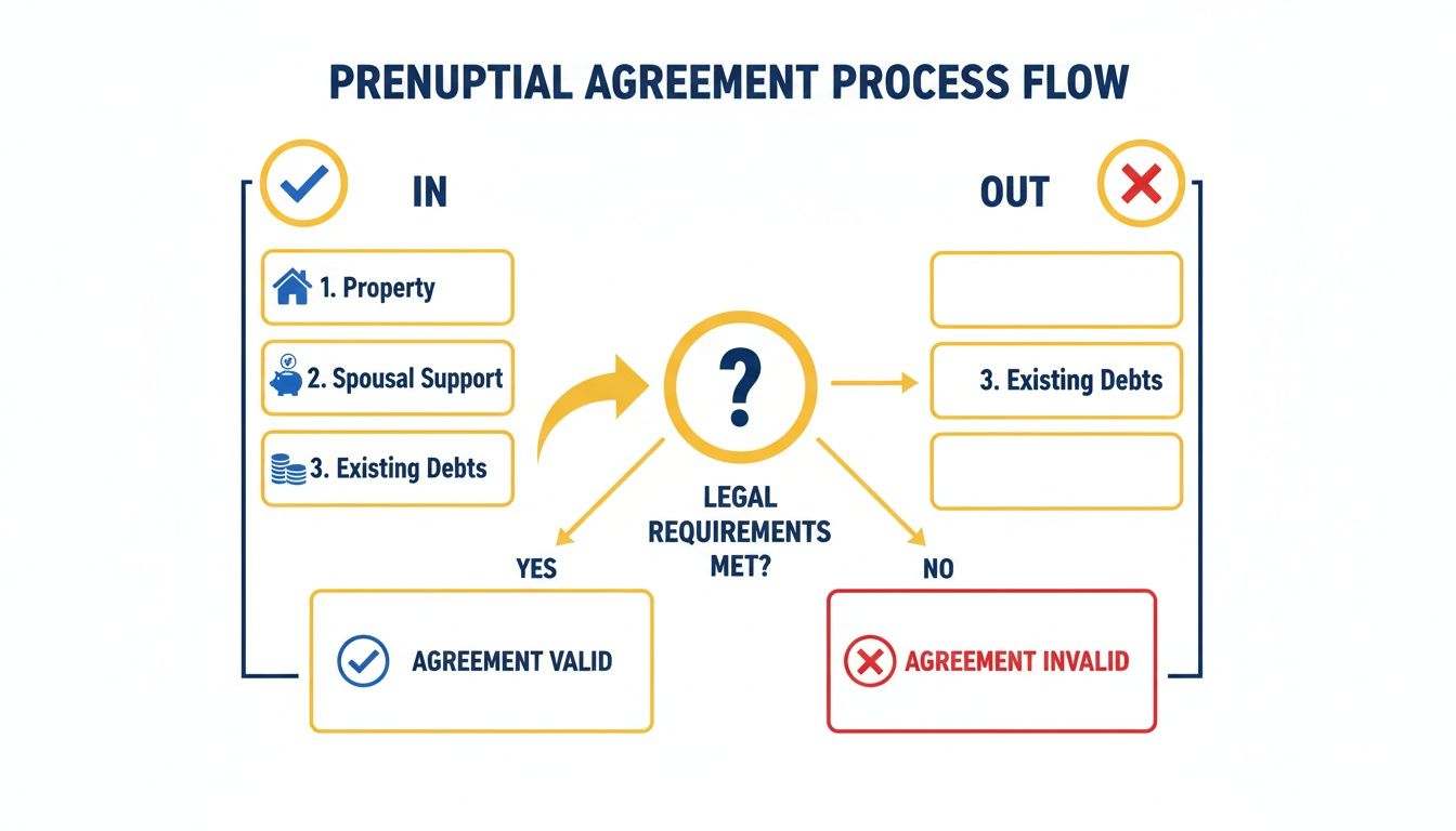Flowchart showing the prenuptial agreement process, from inputs to legal requirements and validity.