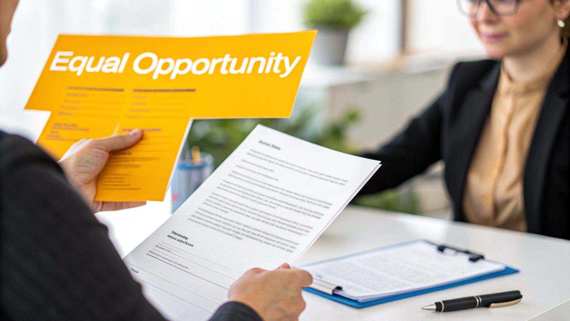 Hands holding an "Equal Opportunity" sign and a resume across a table from an interviewer.