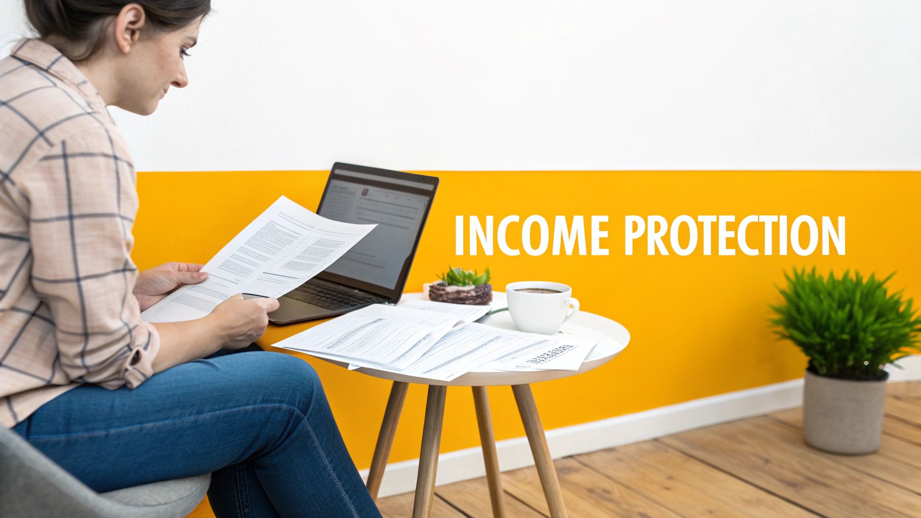 A woman reviews financial documents with a laptop and coffee, next to 'INCOME PROTECTION' text.