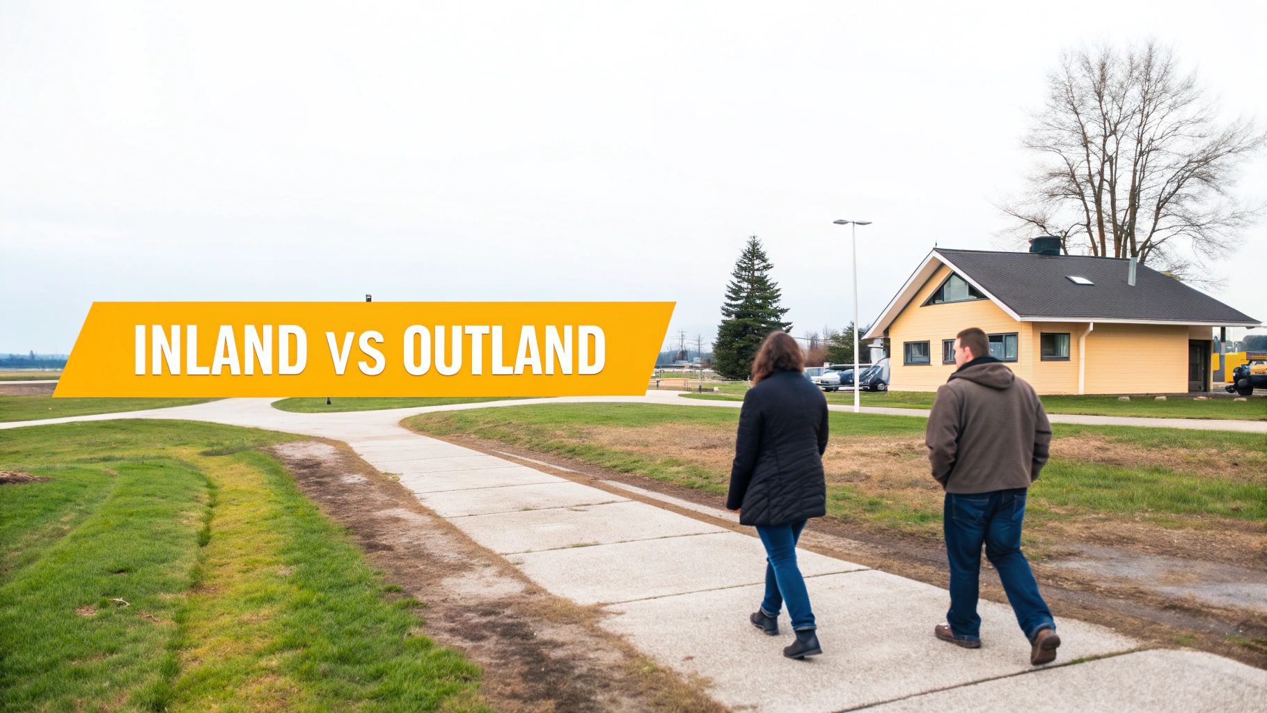 Two people walk on a path towards a yellow building, with a prominent sign 'INLAND VS OUTLAND' in the foreground.