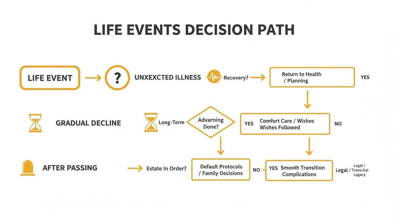 Flowchart illustrating life events decision path for unexpected illness, gradual decline, and after passing.