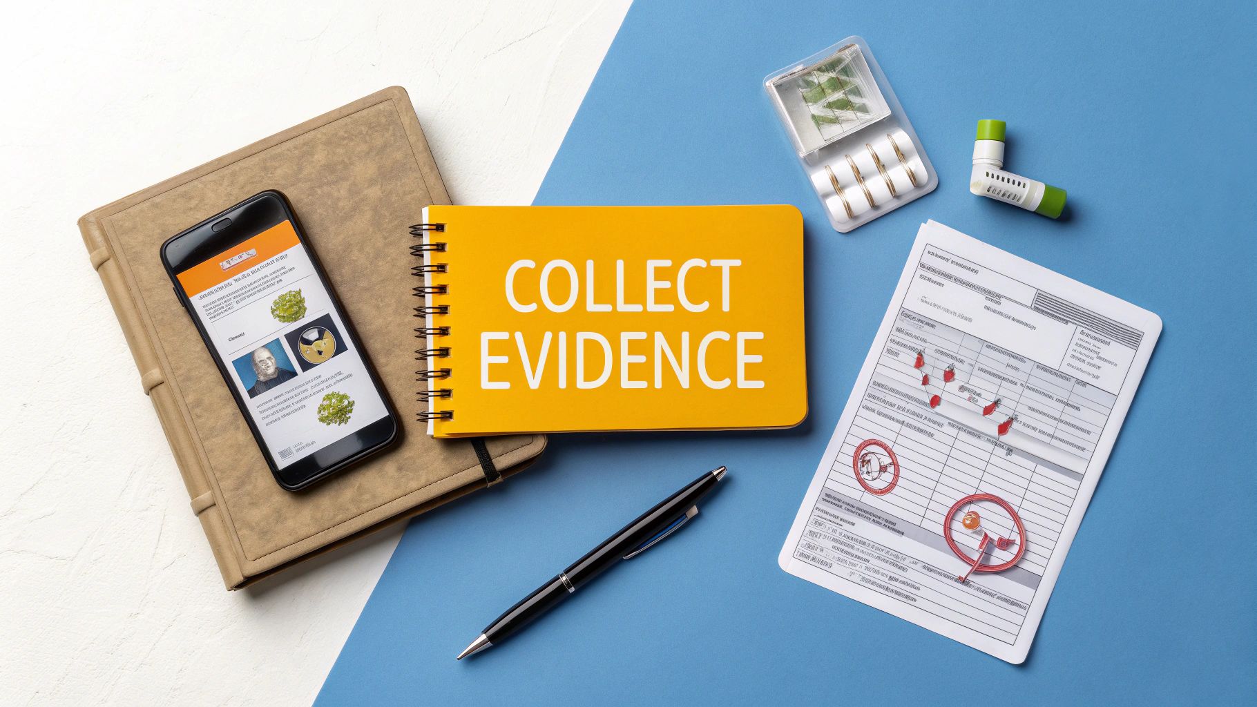 A person gathering documents and photos for a legal claim