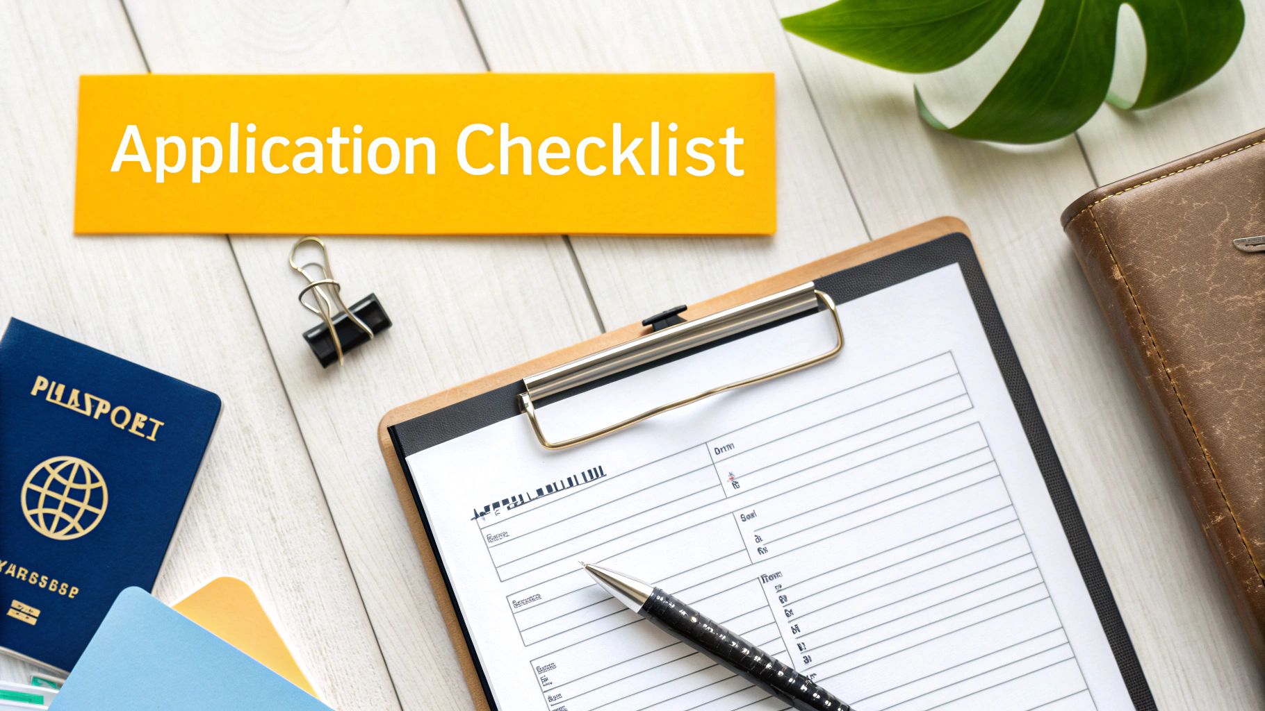 Desk flat lay with an 'Application Checklist' sign, passport, pen, and clipboard with forms.