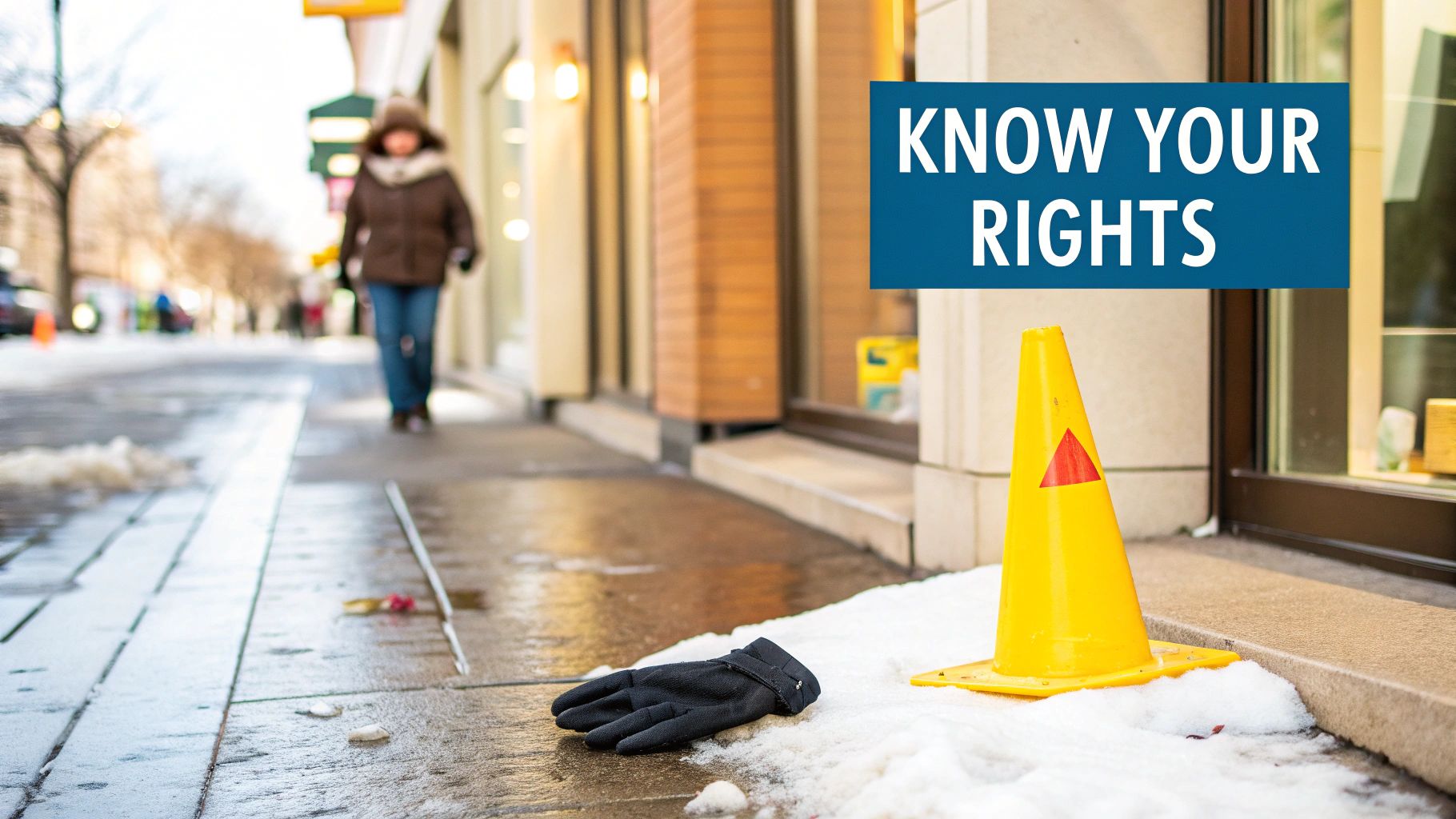 Slippery winter sidewalk with a yellow cone, a lost black glove, and a 'KNOW YOUR RIGHTS' sign.