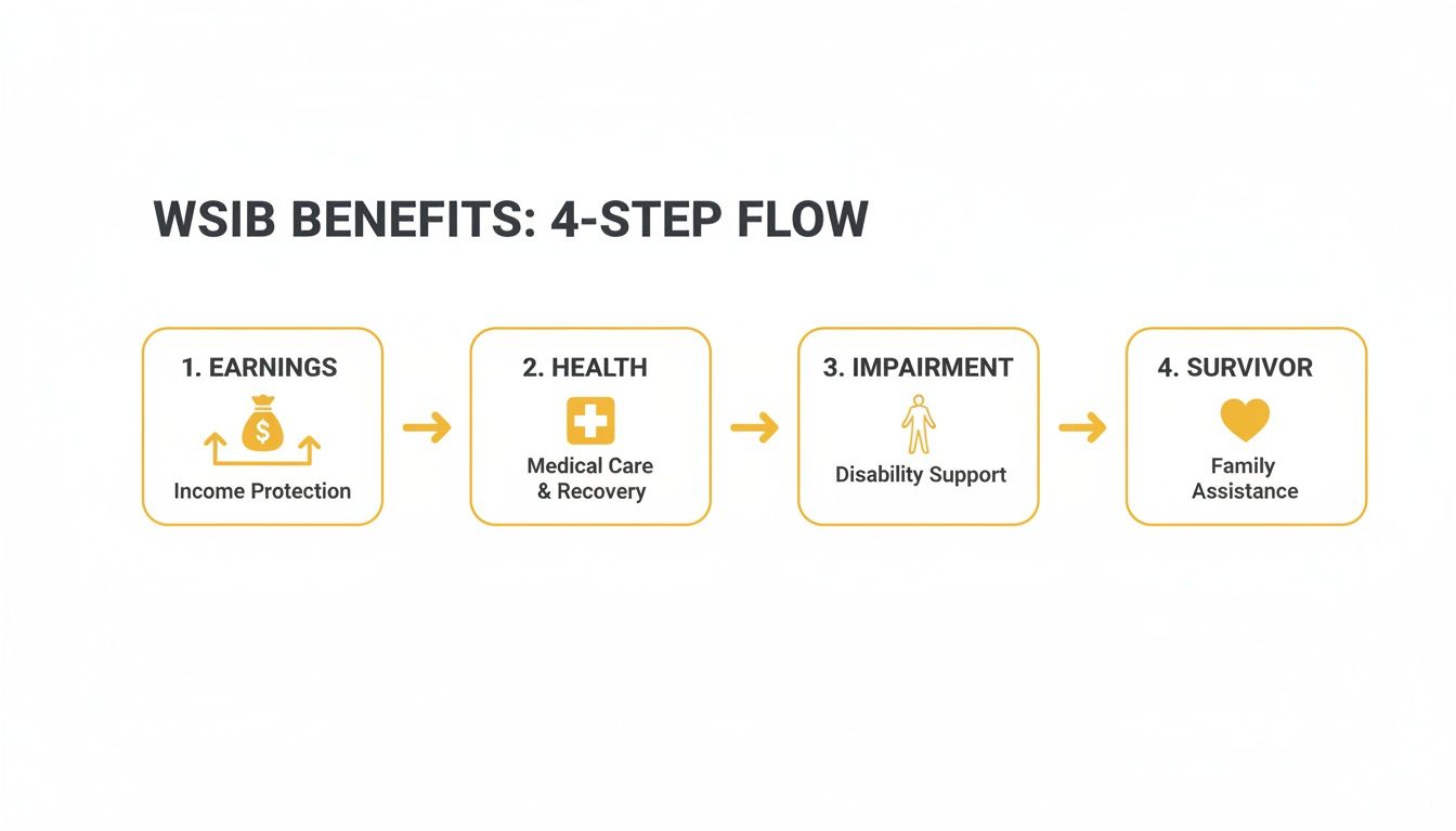 A 4-step flow diagram illustrates WSIB benefits including Earnings, Health, Impairment, and Survivor assistance.