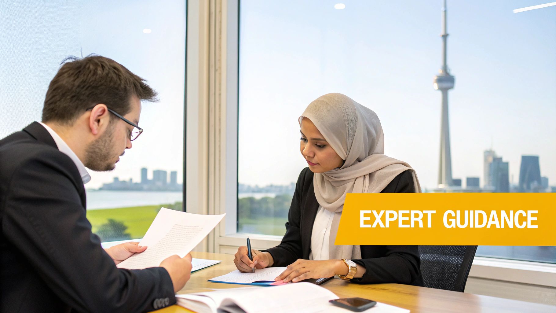 A group of professionals in a Toronto office, representing an immigration law firm.