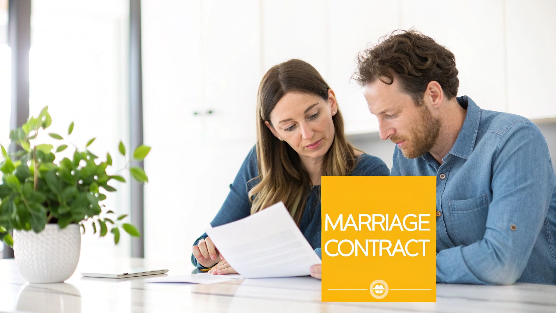 A couple reviewing a document explicitly labeled 'Marriage Contract', discussing future financial arrangements.