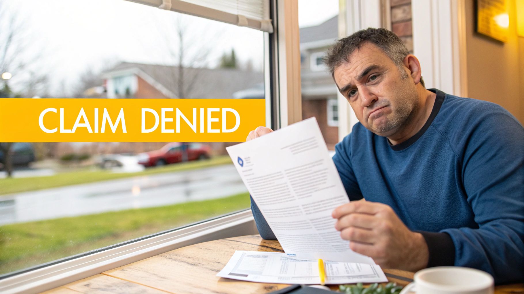 Frustrated man holding denied insurance claim letter at home seeking legal help