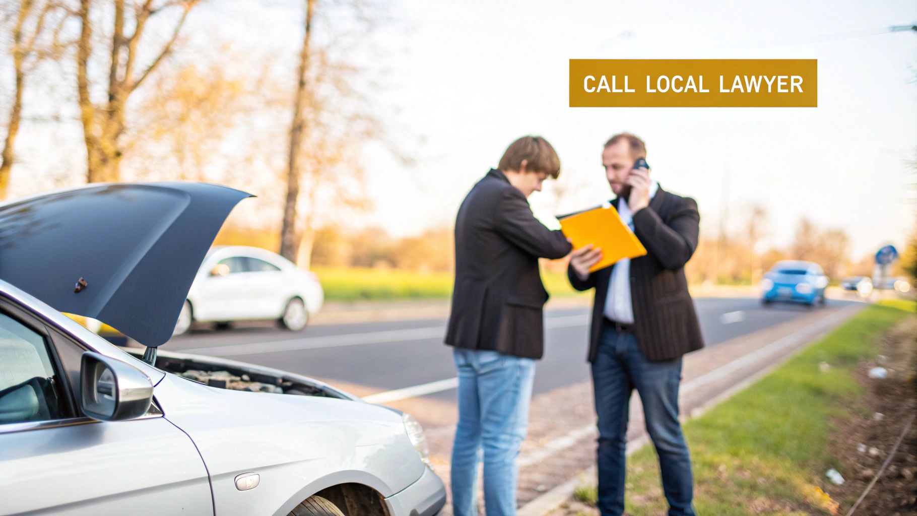 A lawyer reviewing legal documents at a desk with a laptop and pen.