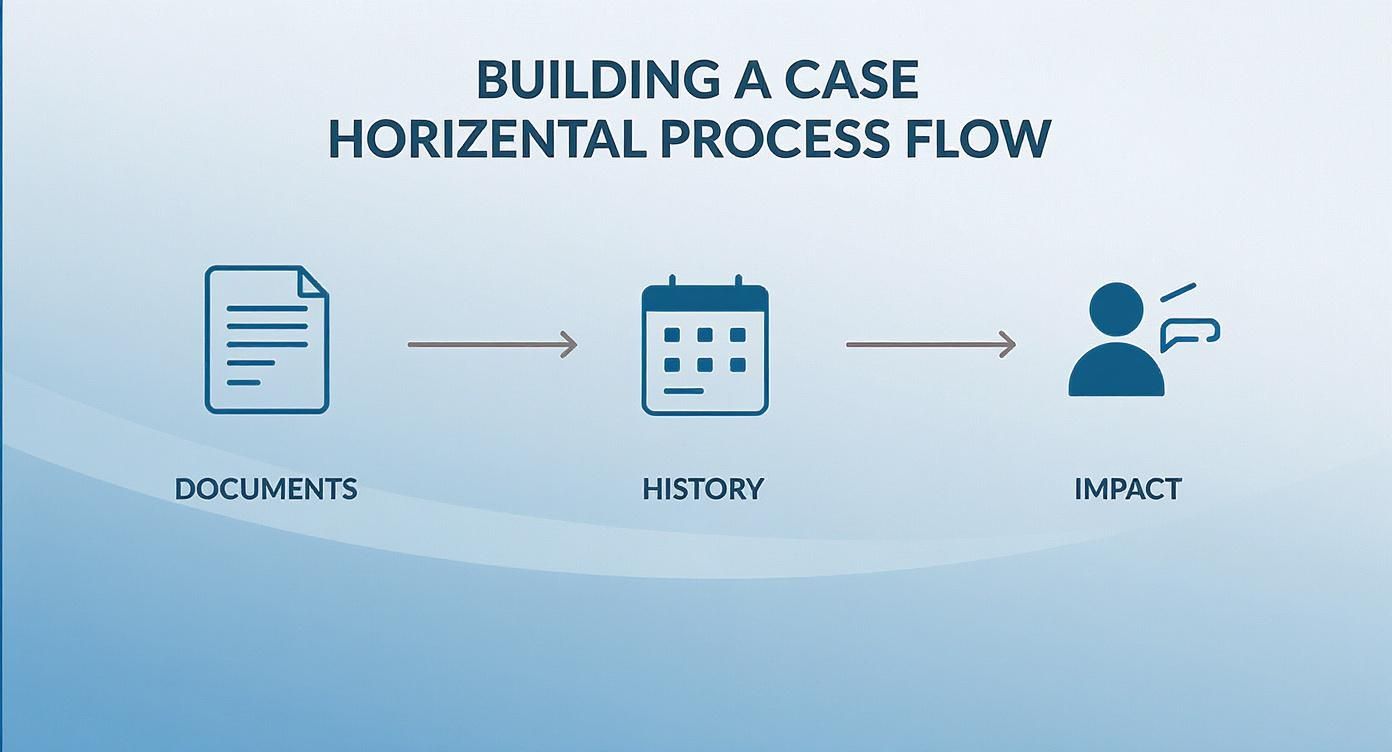 Infographic showing the process of building a CPP disability case with icons for Documents, History, and Impact.
