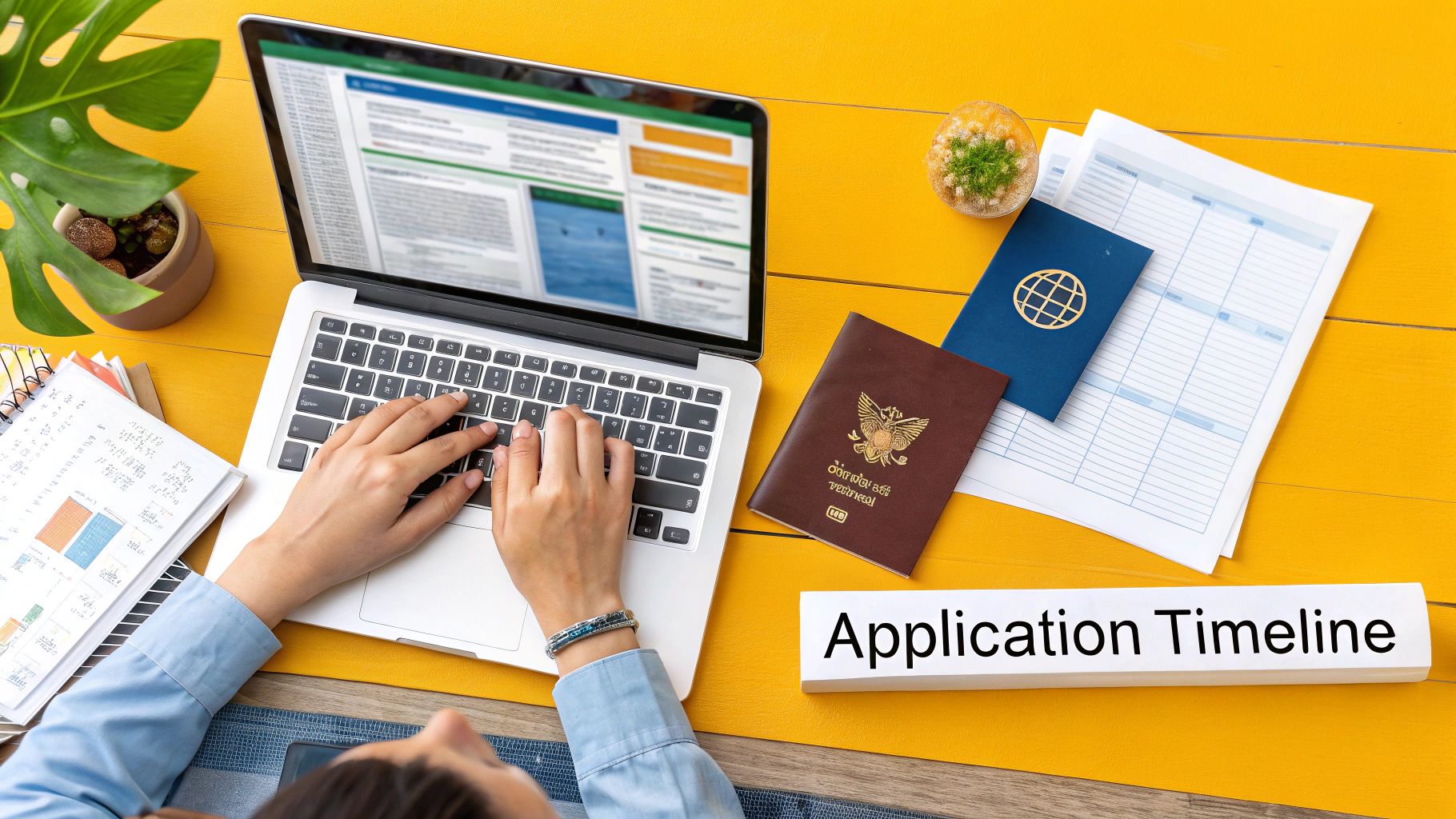 Overhead view of a person typing on a laptop with passports and application papers on a yellow desk.