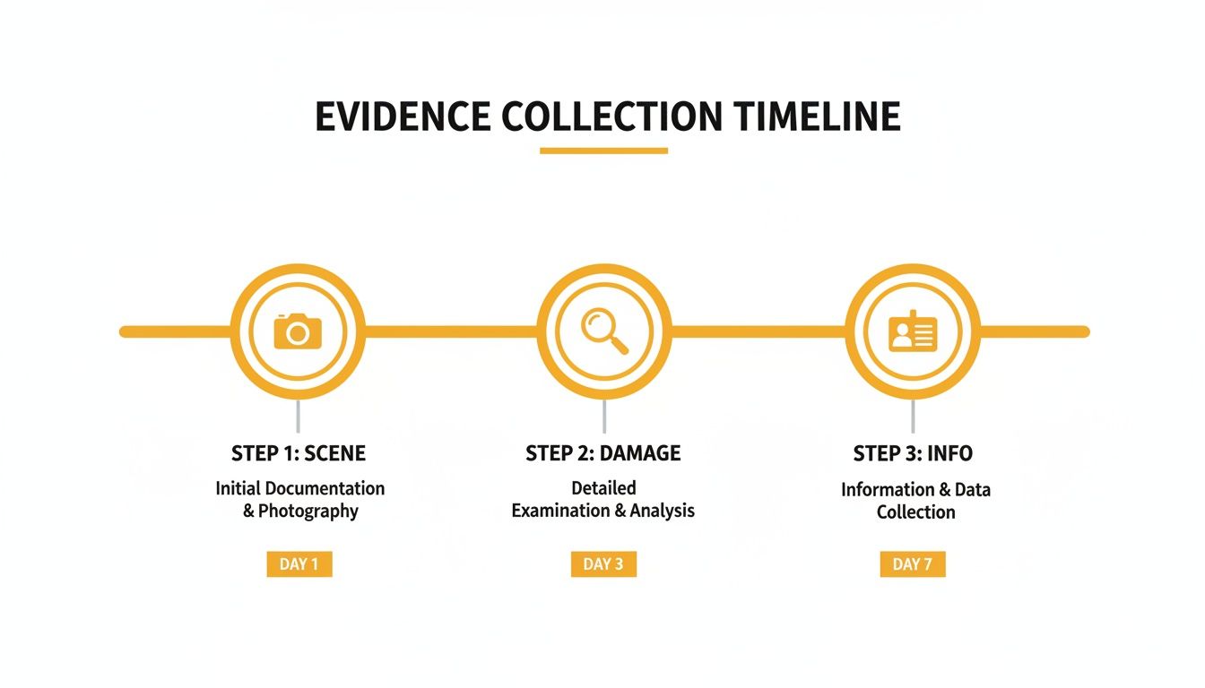 A visual timeline outlining a 3-step evidence collection process for investigation.