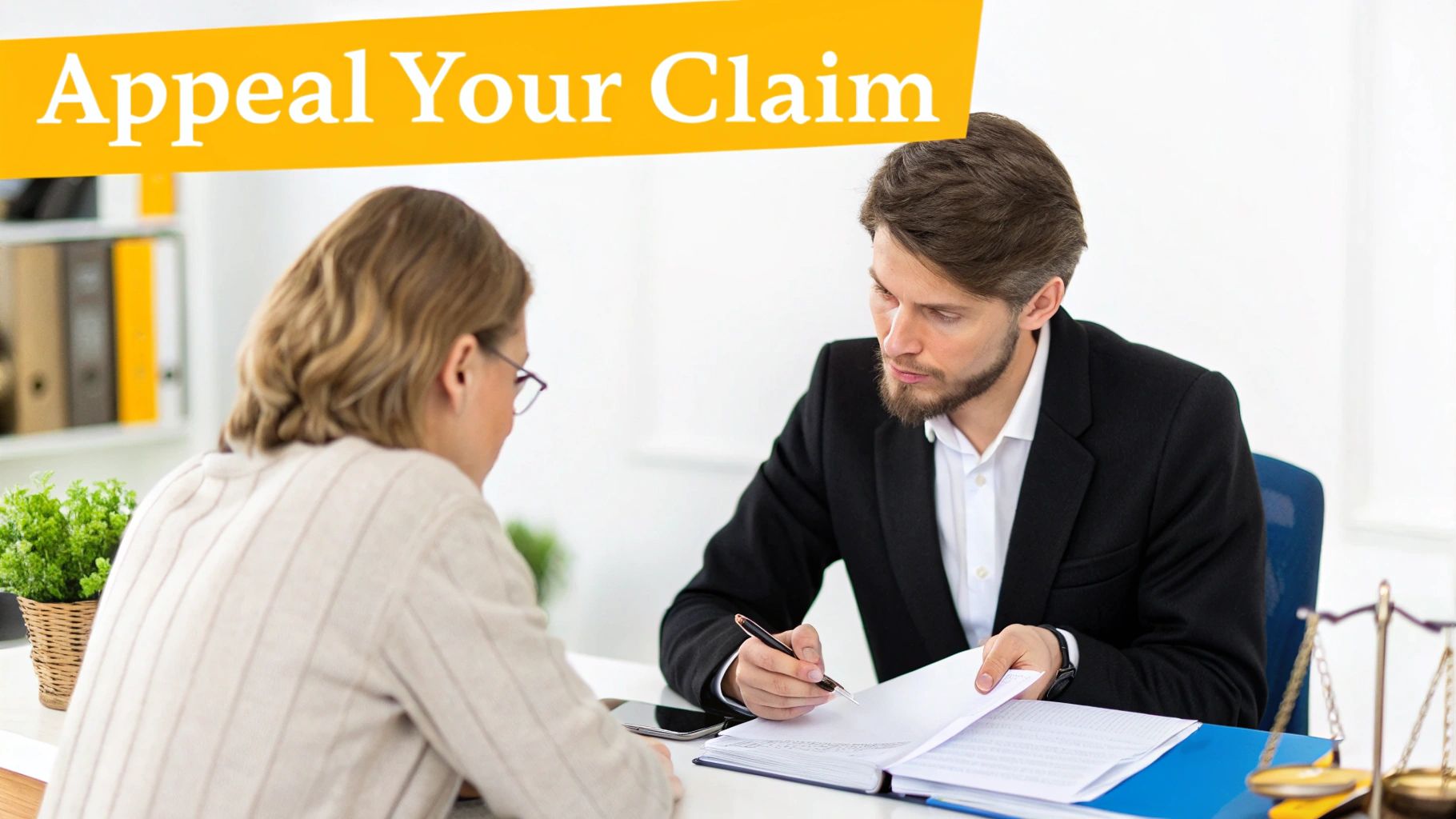 A lawyer helps a client review documents for an appeal, with a 'Appeal Your Claim' banner and scales of justice visible.