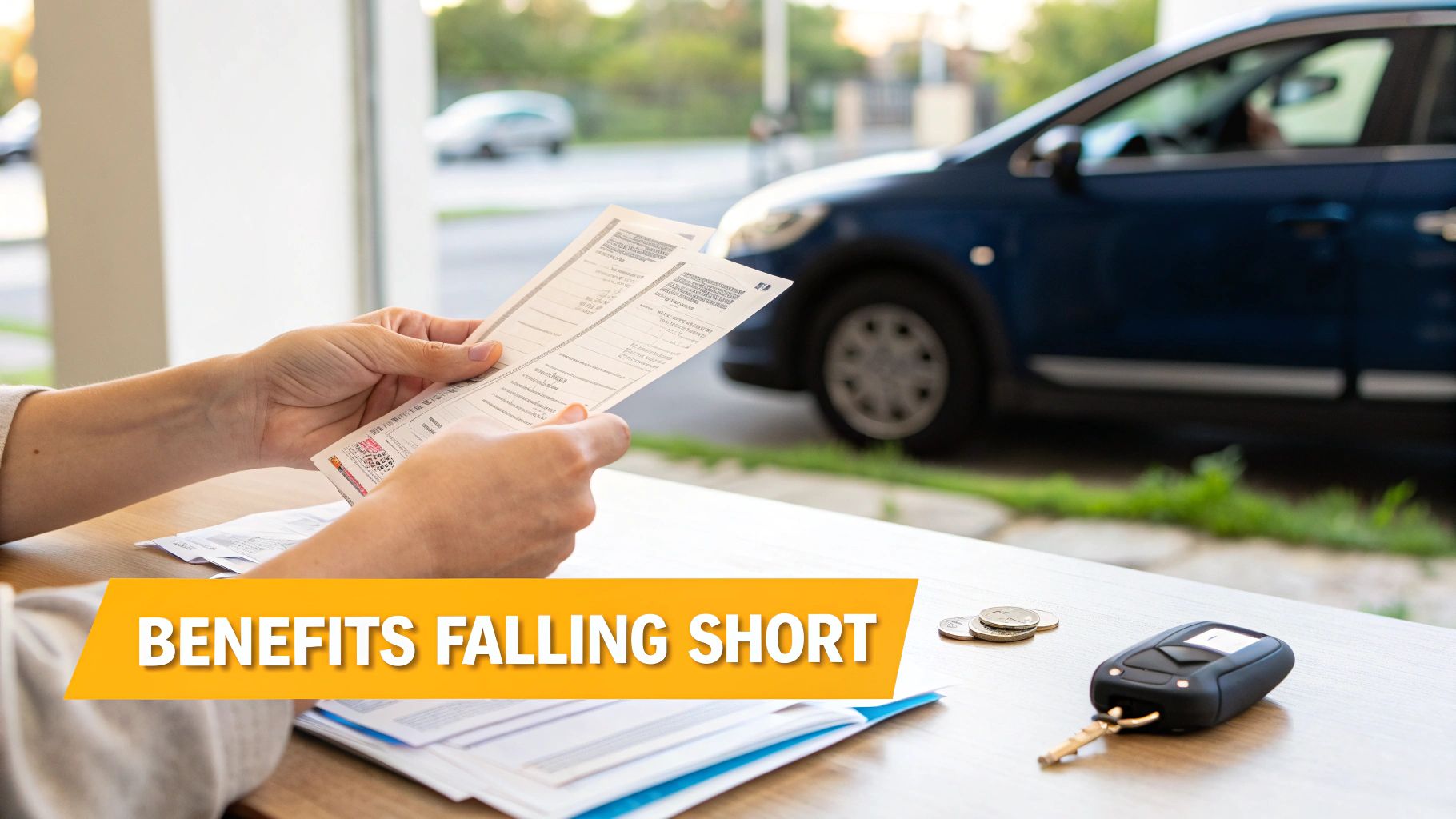 Person reviewing bills and documents, with car keys and coins, reflecting financial struggles.
