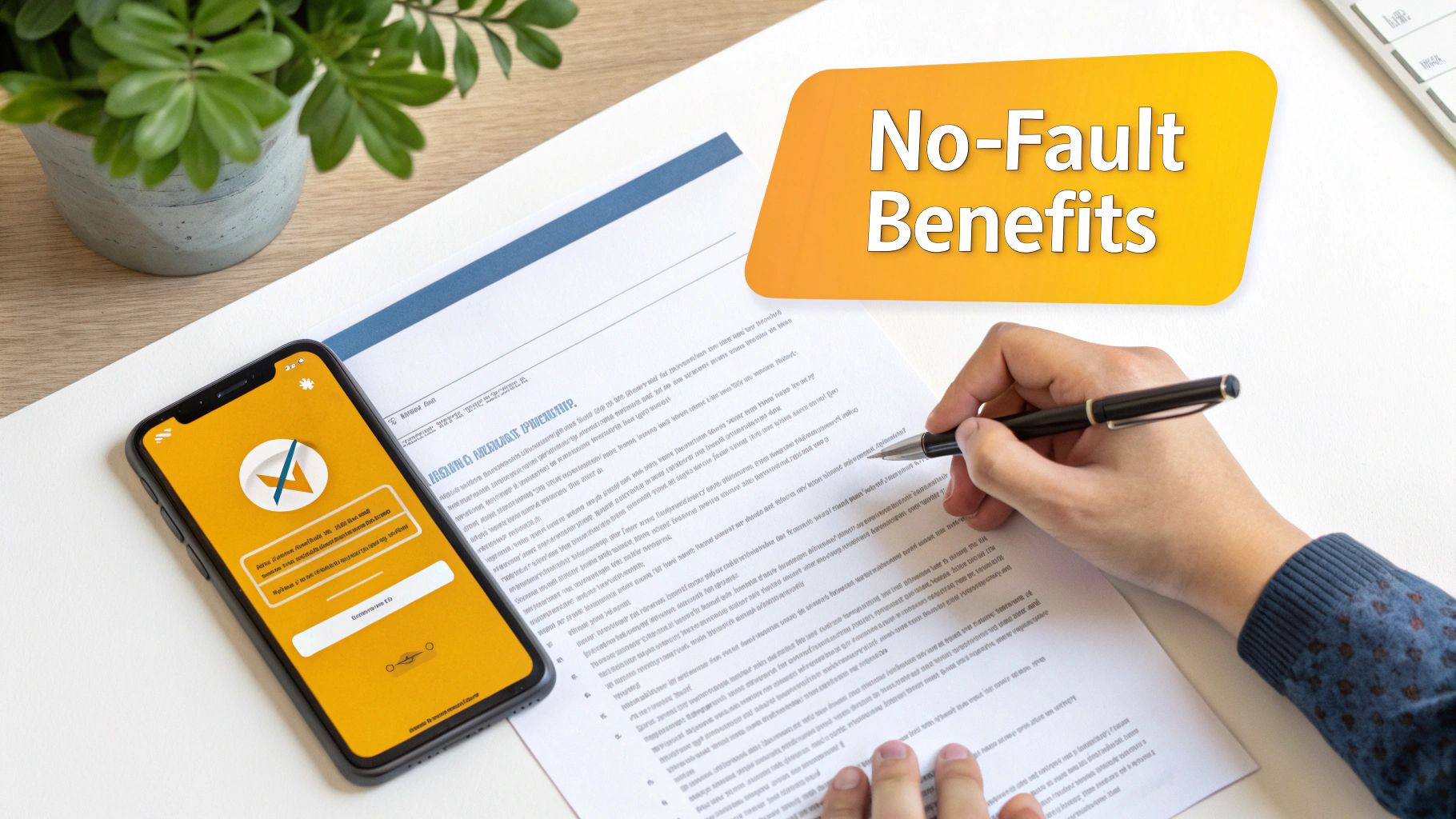 Person signing legal document on a desk with a smartphone displaying an app and 'No-Fault Benefits' text.