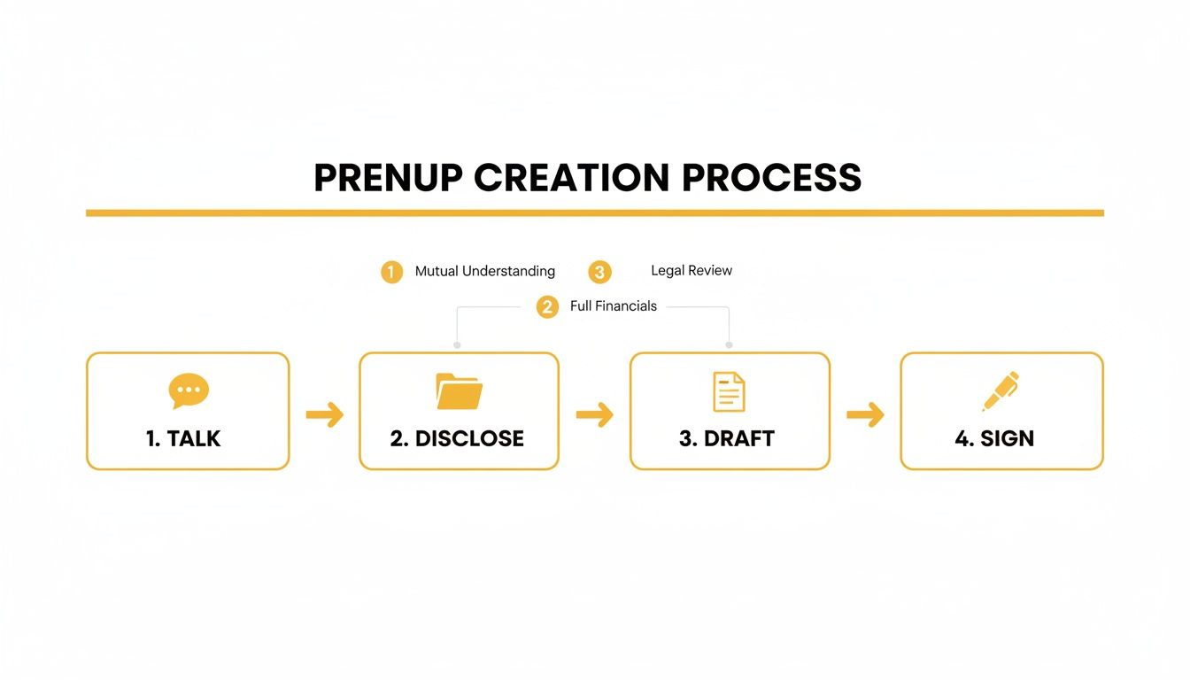 Infographic illustrating the prenup creation process steps: talk, disclose, draft, and sign with key details.
