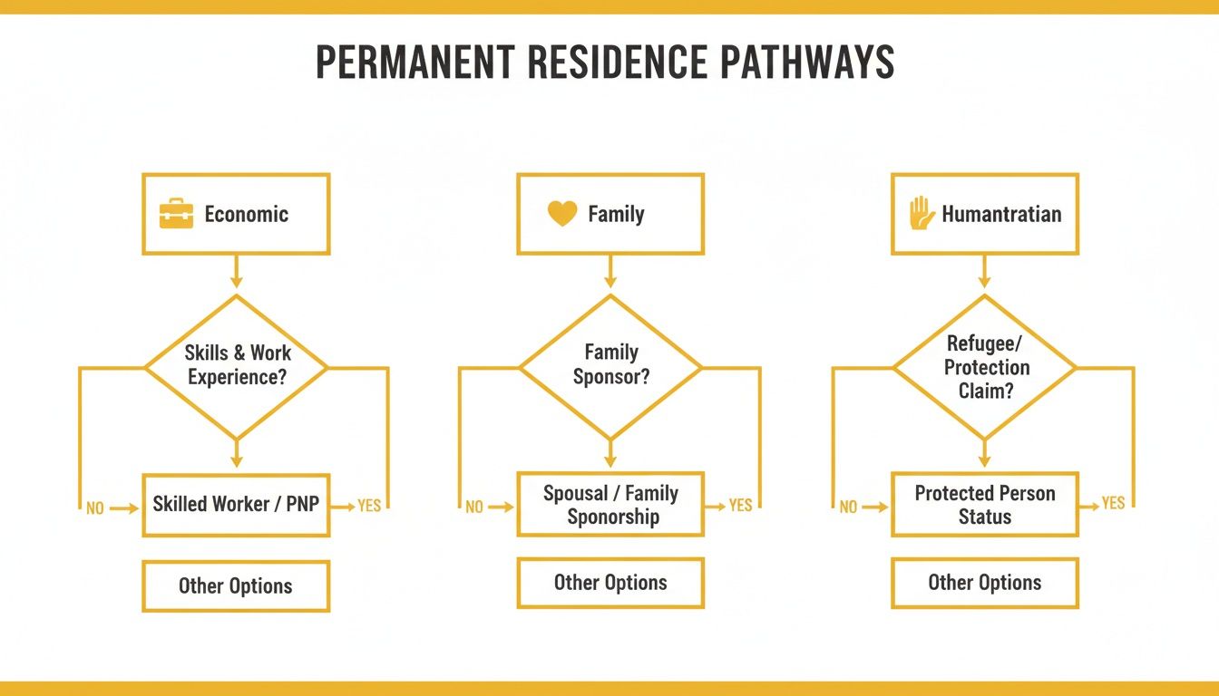 A detailed flowchart illustrating permanent residence pathways, categorized into economic, family, and humanitarian streams.