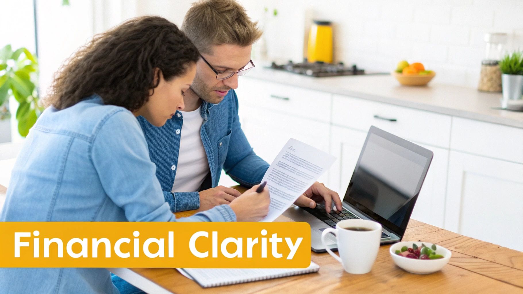 A couple sits at a kitchen table, reviewing documents and using a laptop for financial planning.