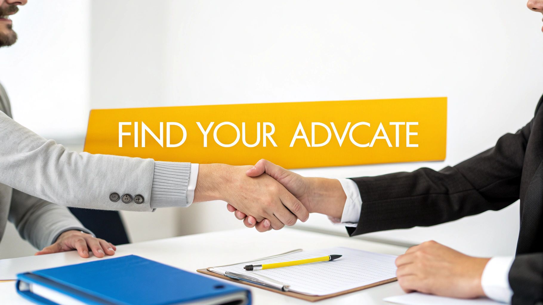 Two business professionals shake hands, with a banner displaying 'FIND YOUR ADVOCATE' in the background.