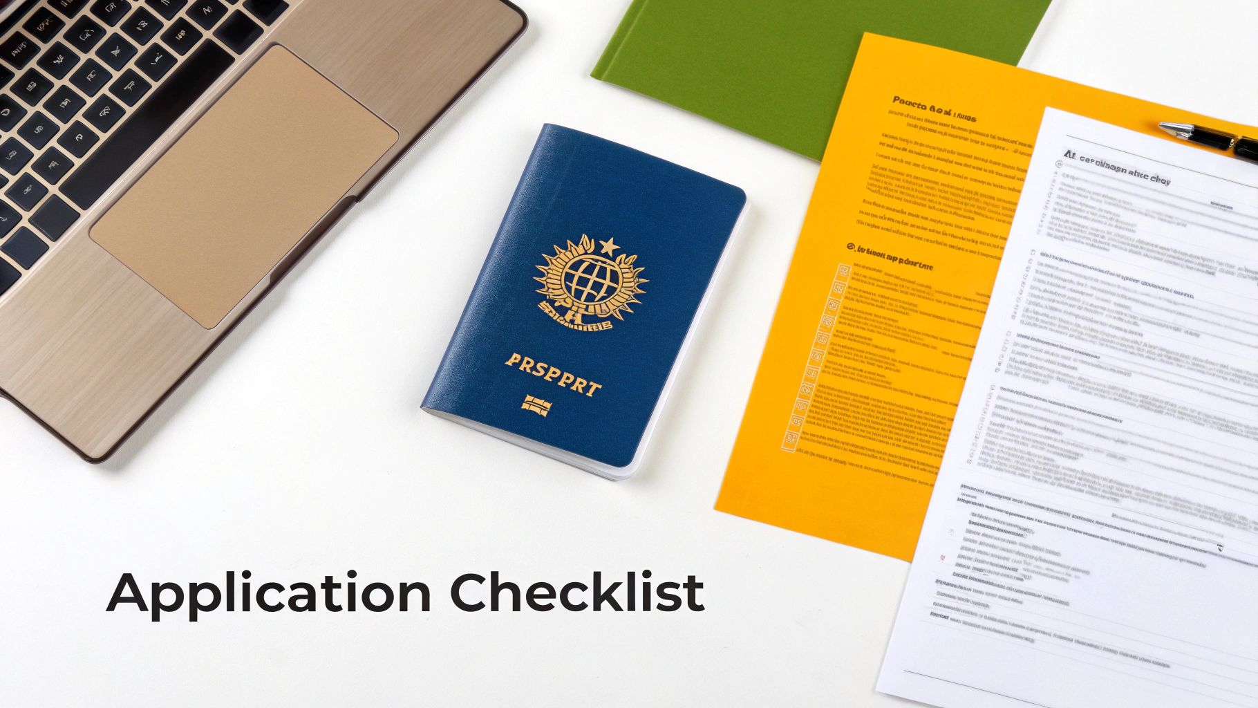Overhead shot of a laptop, passport, application forms, and pen for an 'Application Checklist'.
