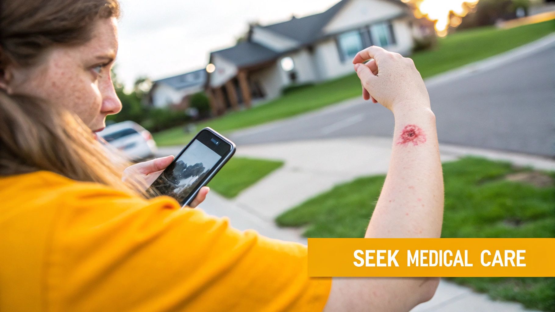 A woman in a yellow shirt looking at a red, irritated mark on her arm while holding a smartphone, with a "Seek Medical Care" overlay.