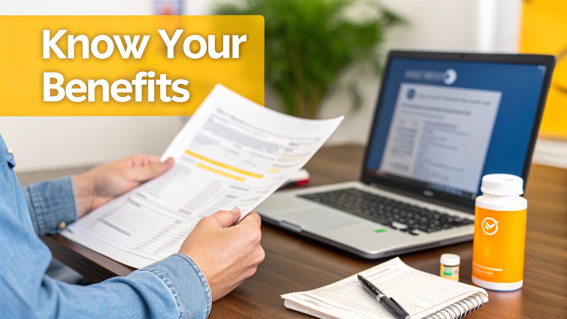 A person reviews benefit documents and a laptop, with medication bottles on a desk.