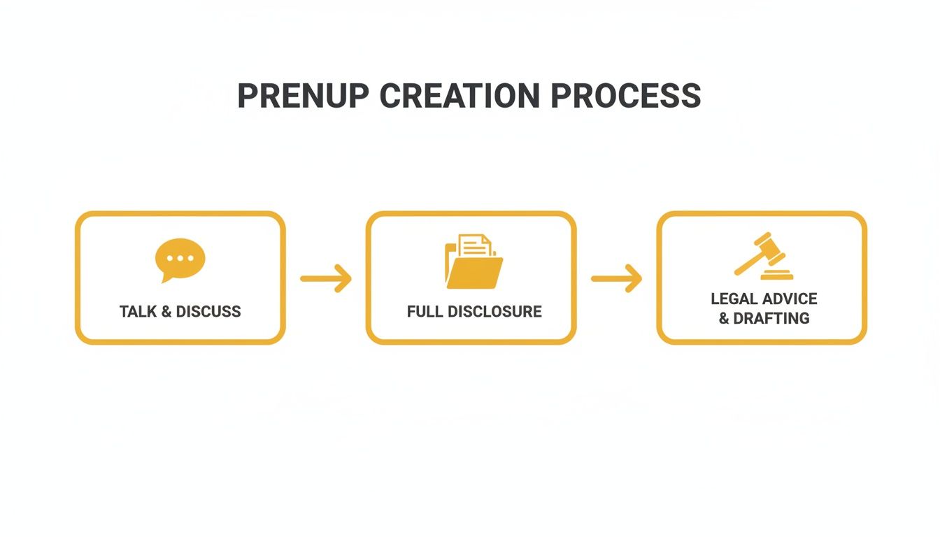 A three-step infographic outlining the prenuptial agreement creation process: Talk & Discuss, Full Disclosure, and Legal Advice & Drafting.