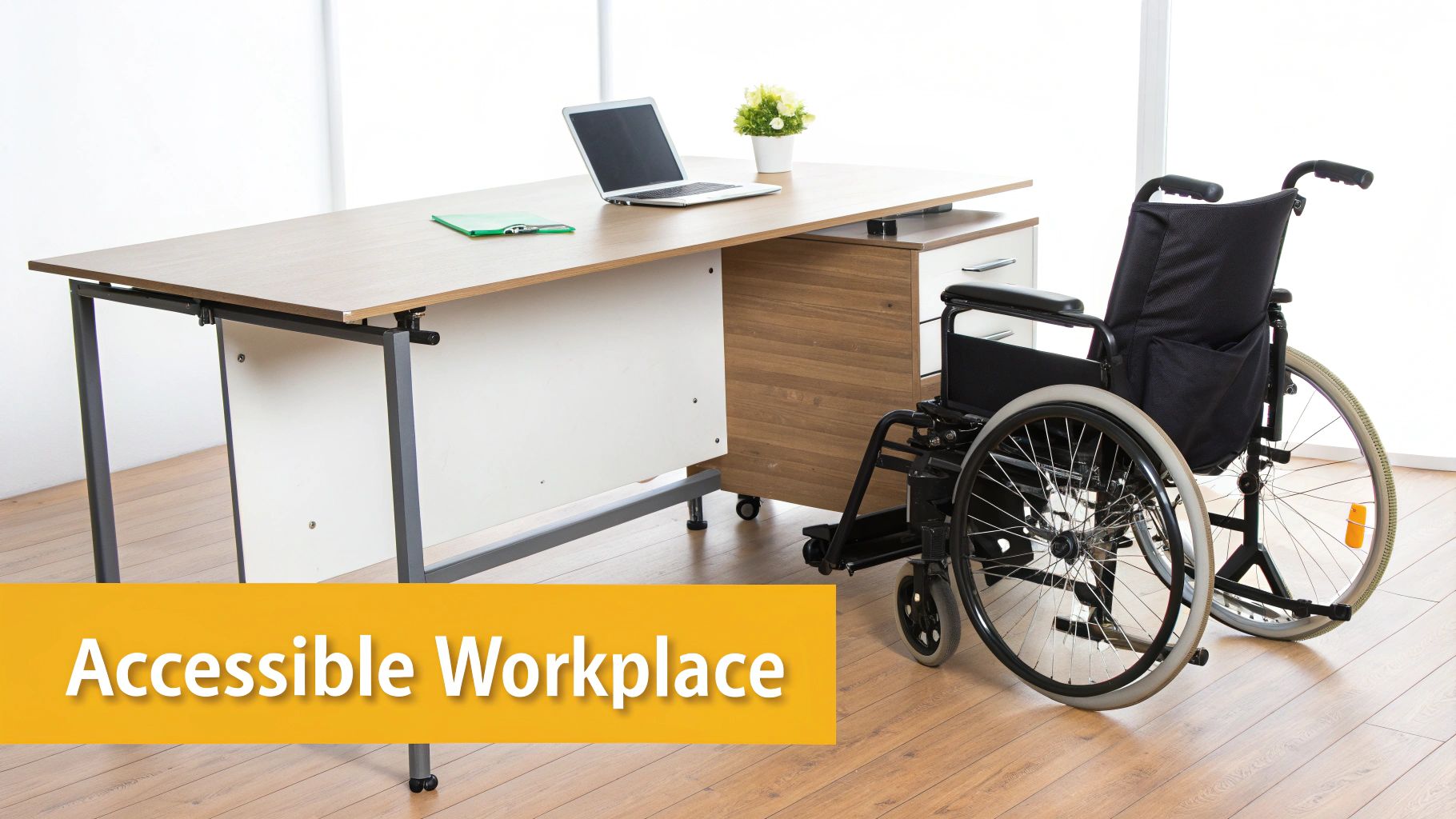 An accessible office workplace setup with a wooden desk, laptop, and a wheelchair.