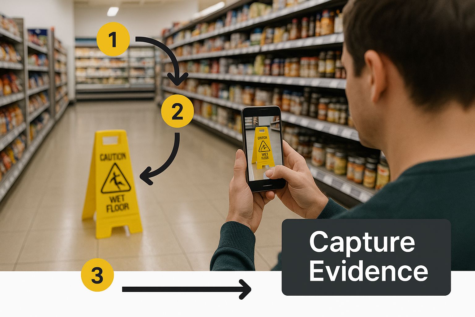 Infographic showing a person in a grocery store aisle photographing a wet floor with their smartphone. The text overlay reads 'Capture Evidence'.
