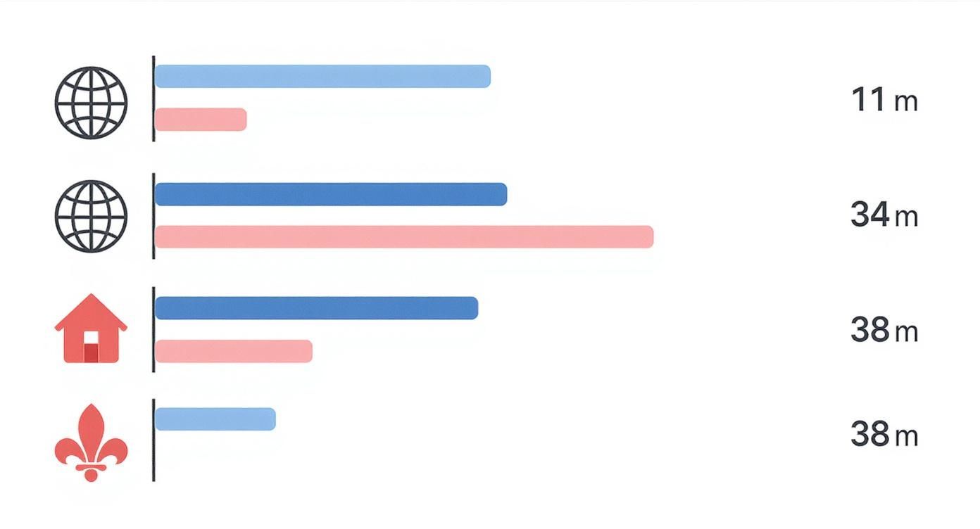 A bar chart illustrating processing times for family sponsorship categories, with global, house, and fleur-de-lis icons.