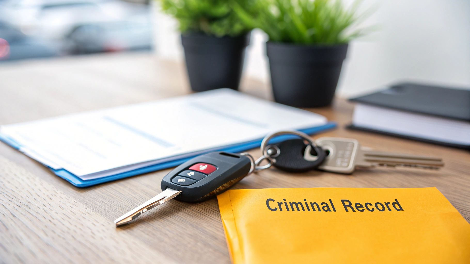 A car key, house key, and documents on a wooden desk, including a 'Criminal Record' folder.