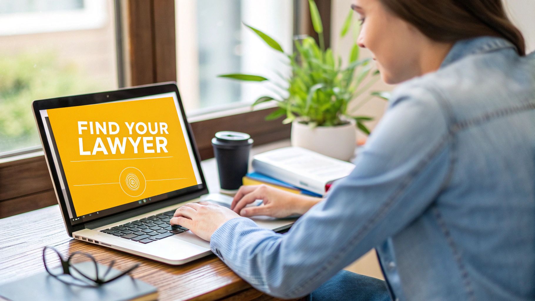 A person using a laptop to research legal services, with a focused expression.
