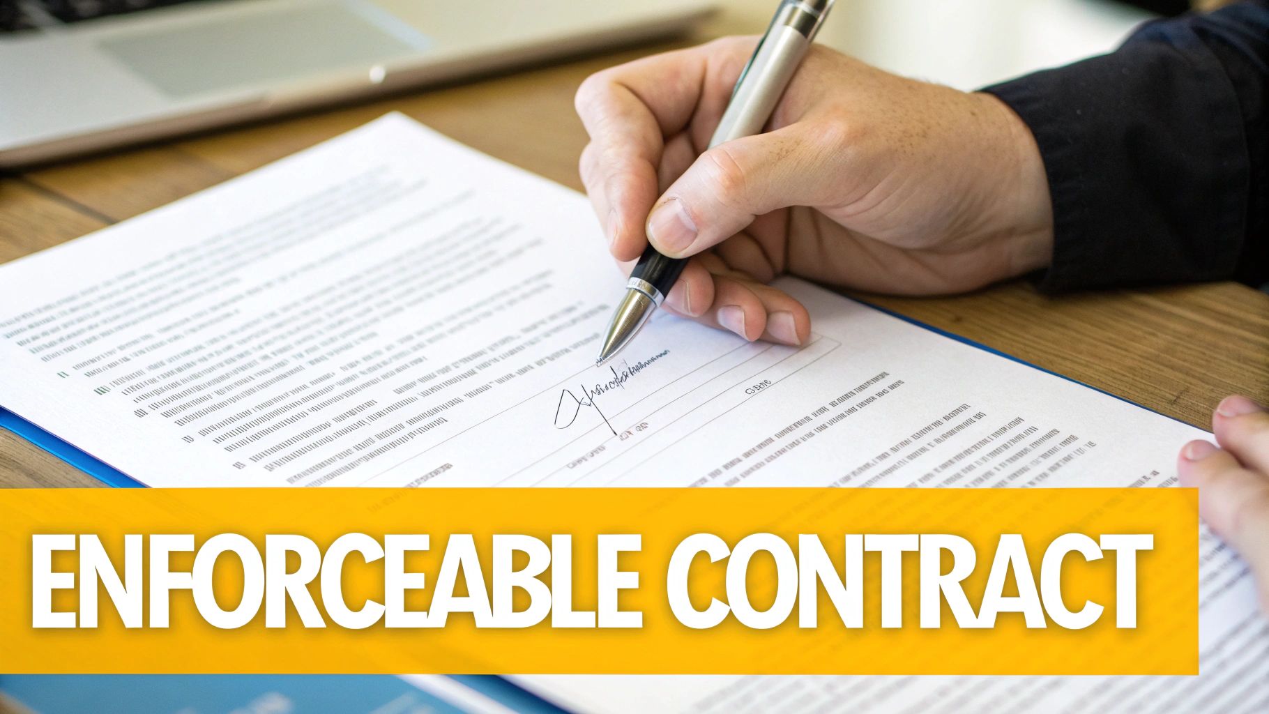 A person's hand holds a pen, signing an official document, with text 'ENFORCEABLE CONTRACT'.