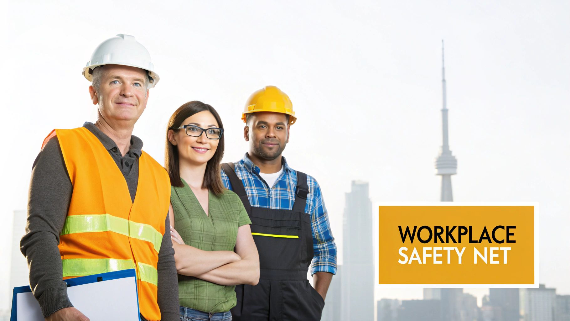 A group of construction workers in safety gear reviewing plans at a job site in Ontario.